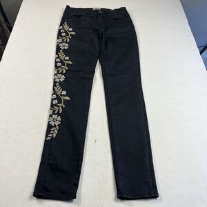Driftwood Jackie Black Embroidered Jeans Size 25 Floral Coated Boho Chic Stretch